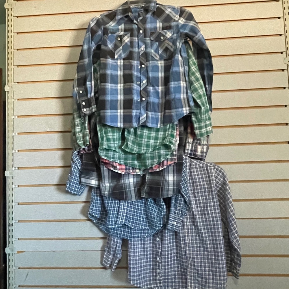 Lot of 6 Boys Plaid Shirt Bundle Wrangler Riata Cheerboy Long Sleeve Button Down